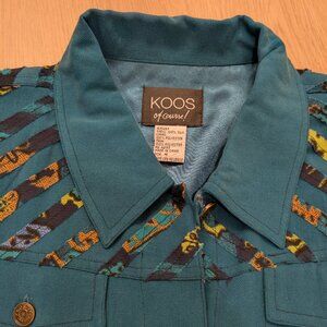 M EUC Vintage Koos Of Course Jacket Blue Boho Patch Button Collar Flap Pocket